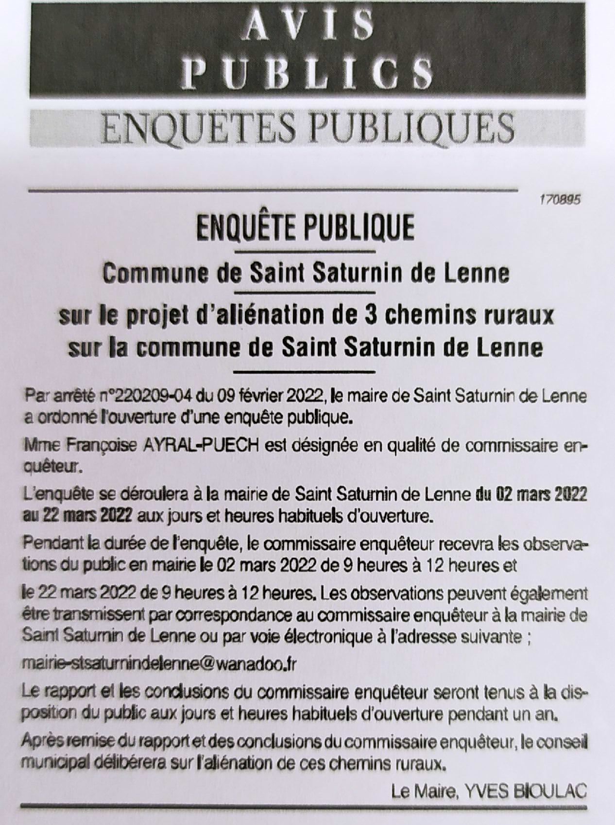 Lire la suite à propos de l’article Enquête publique cession de chemins communaux