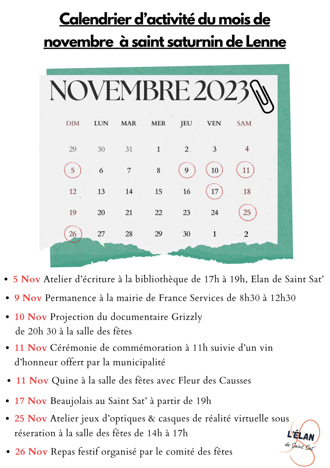 Lire la suite à propos de l’article Calendrier d’activités du mois de Novembre à Saint Saturnin-de-Lenne